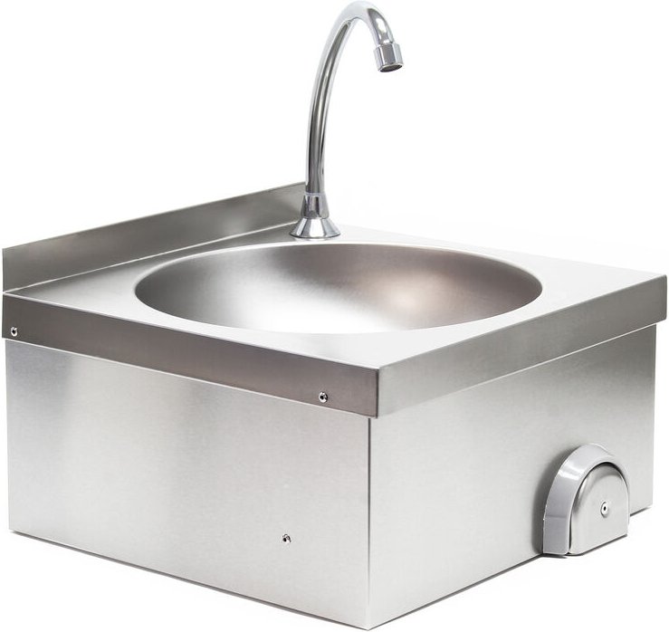 Edelstahl Gastro Waschbecken mit rundem Innenbecken, hygienische Kniebetätigung zur Wandmontage für Gastronomie Küche We...