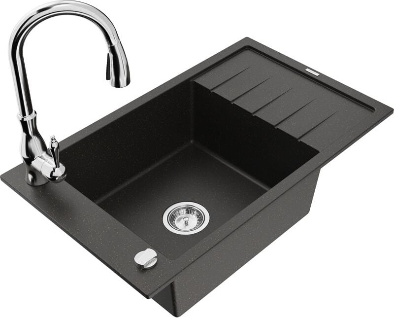 Mexen Elias 1 Becken-Granitspüle mit Abtropffläche und Mischbatterie Savita, Schwarz/Gold metallisch