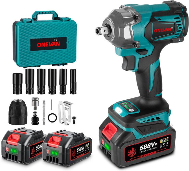 Onevan - 700 n.m Schlagschrauber, 3 Funktionen, 1/2 Zoll Akkuschrauber mit 2 Batterie +12 Zubehör