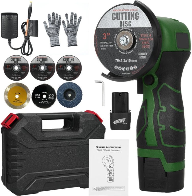 Ej.life - Mini-Akku-Winkelschleifer, 7000 U/min, 16,8 v, professioneller Winkelschleifer mit 2 x 2000 mAh Akku, 6 Trenns...