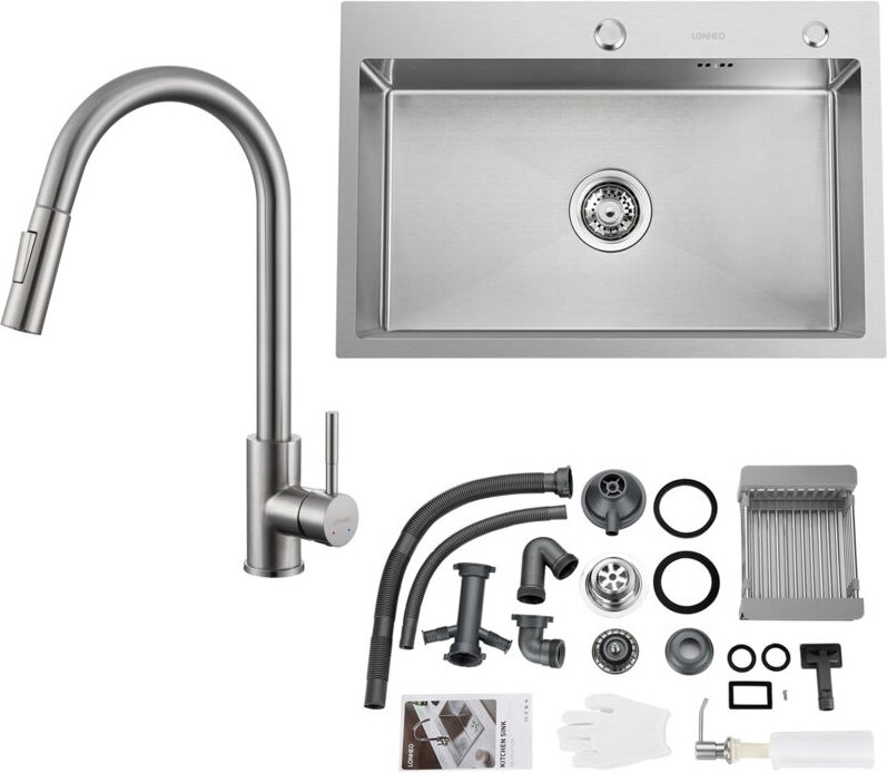 Lonheo Edelstahl Küchenspüle 68 x 45 cm Einbauspüle für ab 80 cm Unterschrank + Hochdruck Gebürstete Küchenarmatur