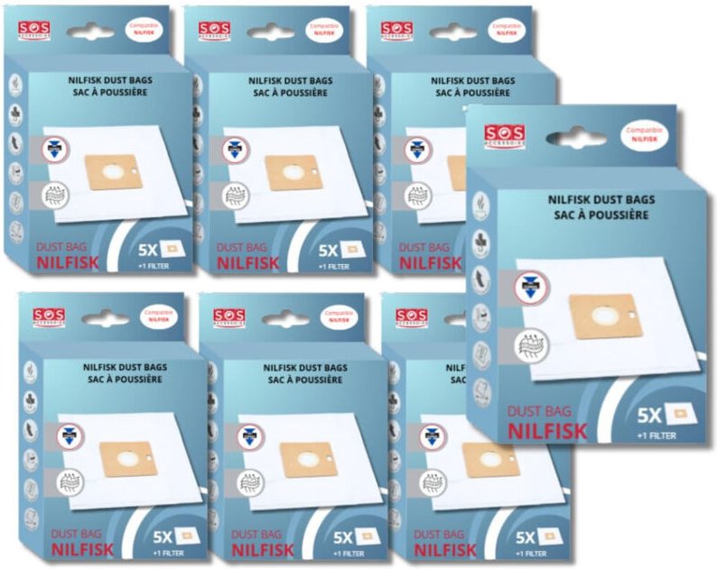 Ersatzteil - SOS Accessoire Lot de 7 boîtes de 5 sacs avec 1 pre filtre COUPE/COMPACT/GO/FORCE pour Aspirateur NILFISK 7...