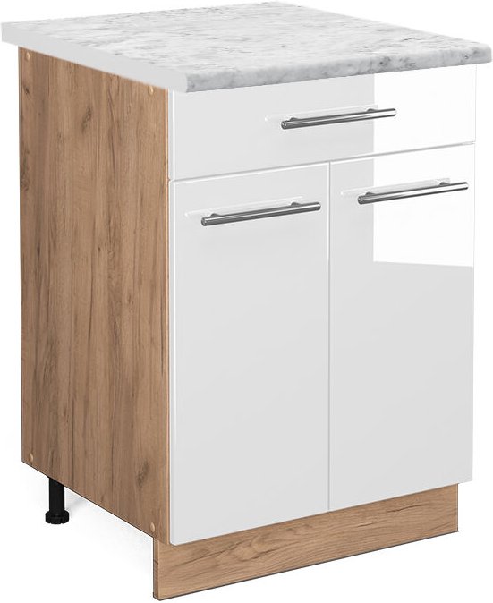 Küchenunterschrank Fame-Line, Weiß Hochglanz, 60 cm mit Schublade, AP Marmor, Vicco