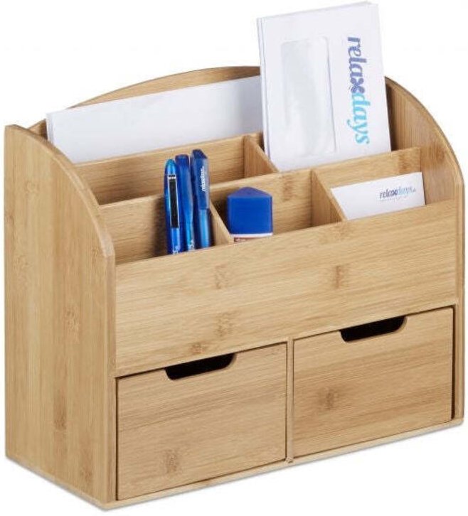 Bamboo desk organiser 2 drawers table top storage holder office desk butler