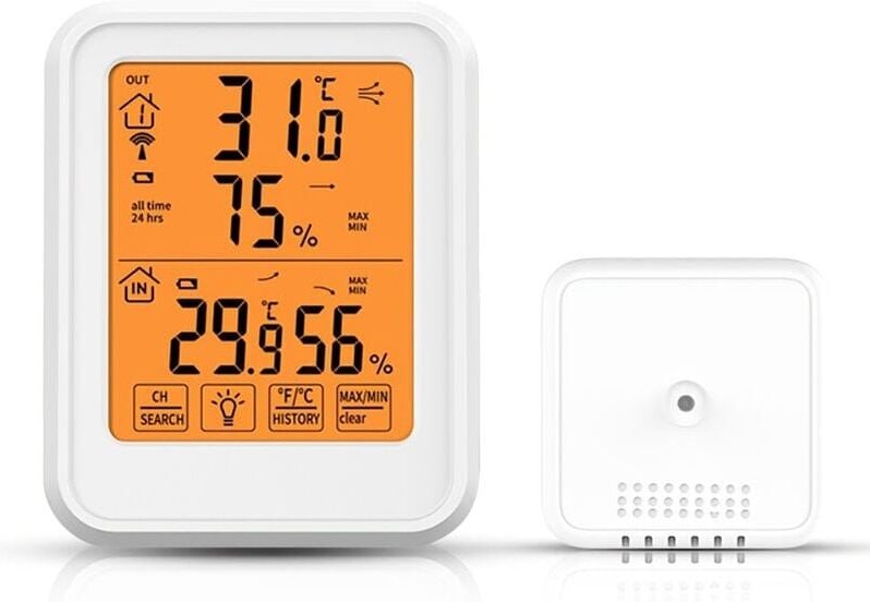 Hygrometer-Thermometer mit Außensensor, hochpräzise Innen- und Außentemperatur und Luftfeuchtigkeit, weiß