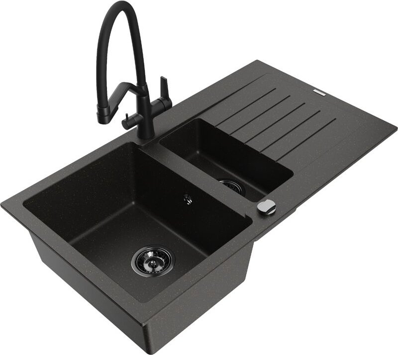 Matias 1,5-Becken-Granitspüle mit Abtropffläche und Mischbatterie Duo, Schwarz/Gold metallisch - Mexen