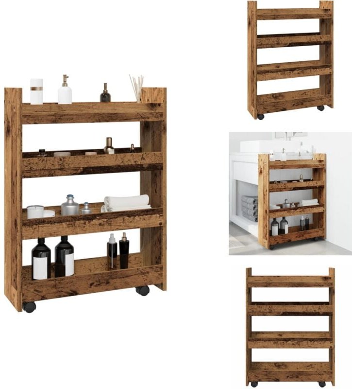 Aufbewahrungswagen Schmal 4 Etagen Altholz-Optik Holzwerkstoff - Aufbewahrungswagen - Rollwagen - Küchenwagen - Beistell...