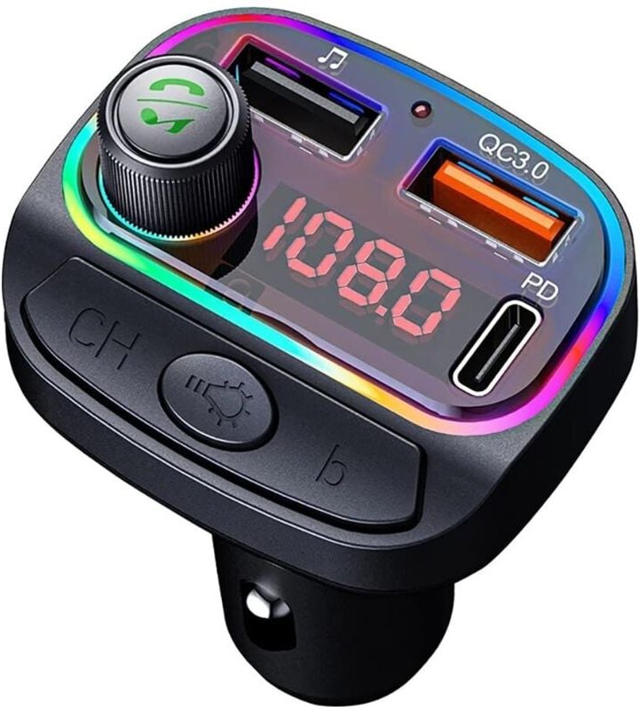 Bluetooth-Autoradio-Adapter, kabelloser FM-Radiosender, MP3-Musik-Player mit USB-Typ-C-Ladegerät, 7-farbige LED-Hintergr...