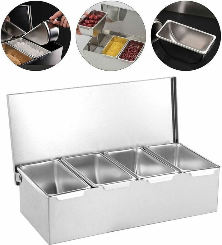 Tigrezy - Zutatenbehälter mit 4 Gittern, Zutatenbehälter aus Edelstahl, Beilagenbehälter, Obstgewürzbehälter, Silber