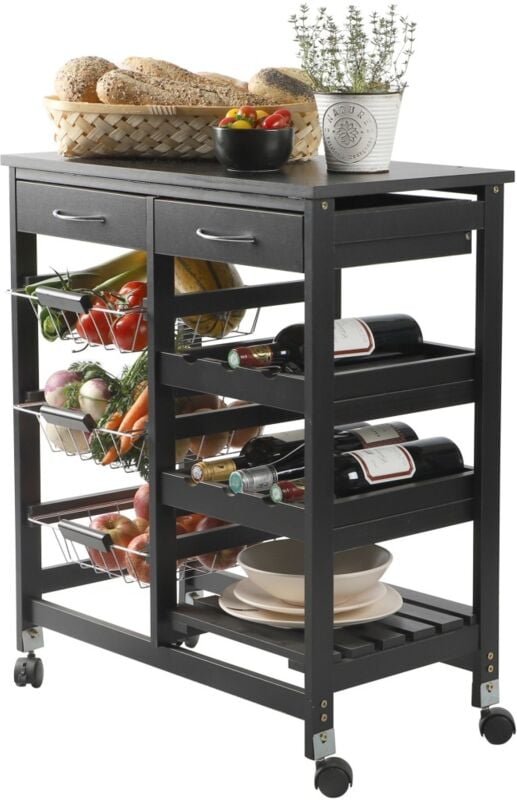 Meublorama - Rollwagen mit schwarzer Ablage – 2 Schubladen und 3 Regale, Maße 65x35x76 cm