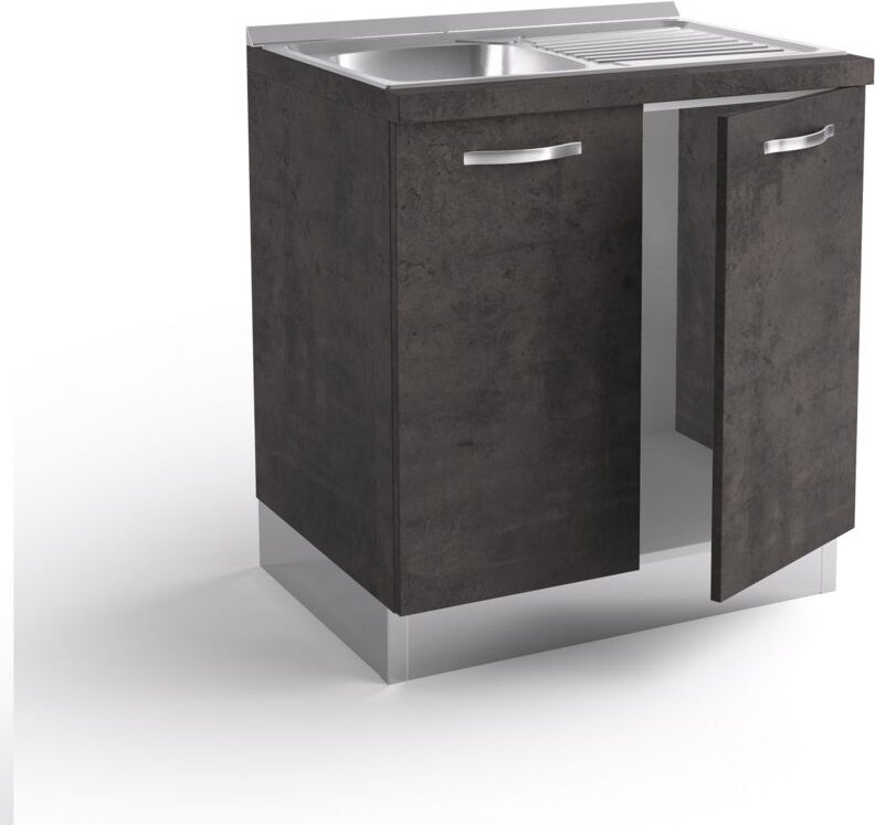 Küchenspülensockel 80x60x84 cm aus lavafarbenem Holz mit Edelstahlspüle und zwei Türen - Massa