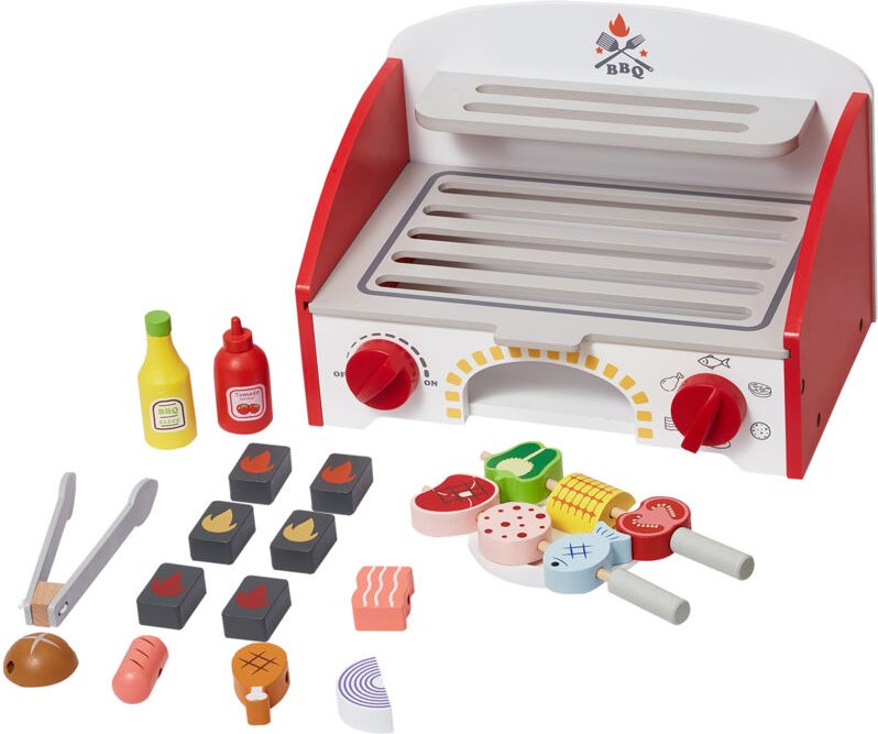 Mophorn - Kinder-BBQ-Grill-Spielset, Holzgrill-Set mit realistischem Kohlefeuer, Spielzeugküchenzubehör (26 Stück), Roll...