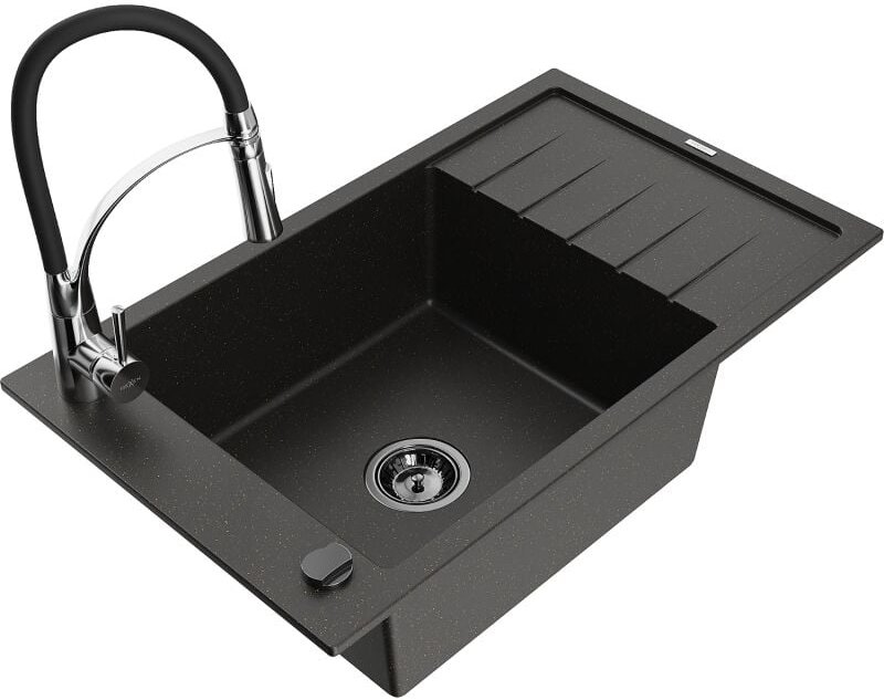 Elias 1 Becken-Granitspüle mit Abtropffl√§che und Mischbatterie Aster, Schwarz/Gold metallisch - 6511-75-73450-07-B - Me...