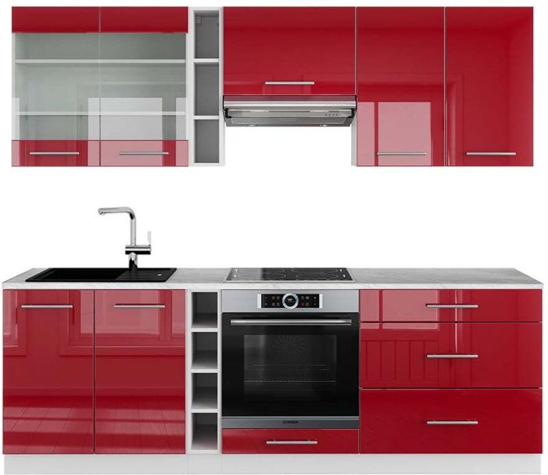 Vicco - Küchenzeile Fame-Line, Bordeaux Hochglanz/Weiß, 235 cm , ap Marmor