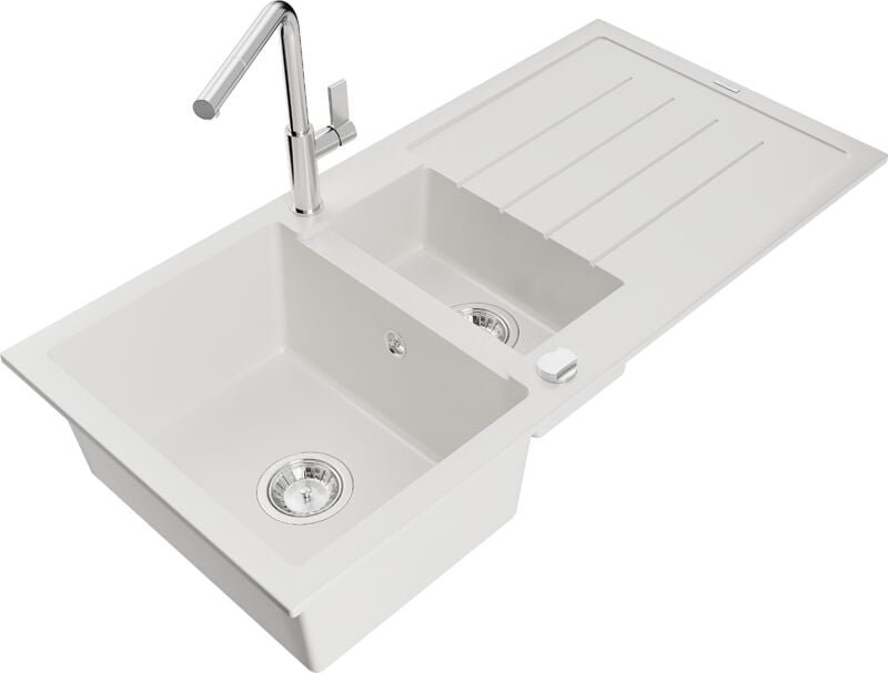 Andres 1,5-Becken-Granitspüle mit Abtropffläche und Mischbatterie Flora, Weiß - 6515-20-670401 - Mexen