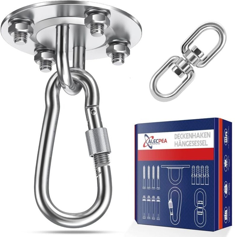 Deckenhaken aus Edelstahl, bis zu 400 kg – 360° drehbare Deckenhalterung, Aufhängehaken mit Schrauben für Beton, Holz, S...
