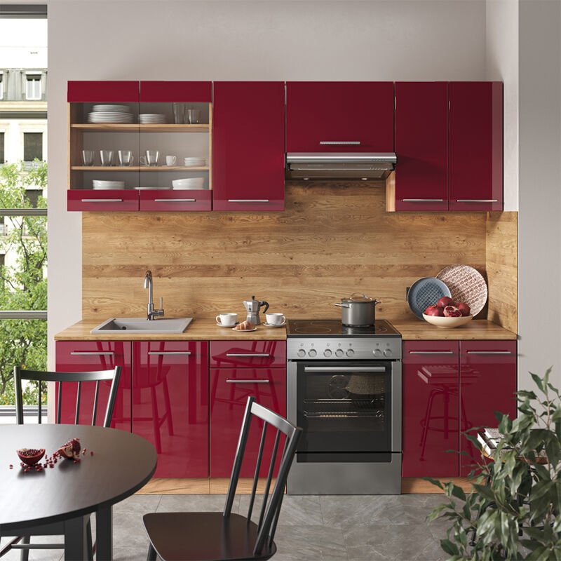 Vicco - Küchenzeile Fame-Line, Bordeaux Hochglanz/Goldkraft Eiche, 240 cm , ap Anthrazit