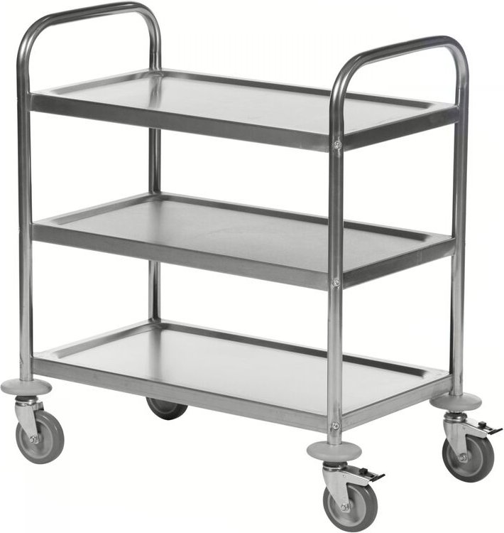 Kongamek Edelstahl- Tischwagen rostfrei mit 3 Böden 825x500mm mit Polyurethanbereifung und Bremse