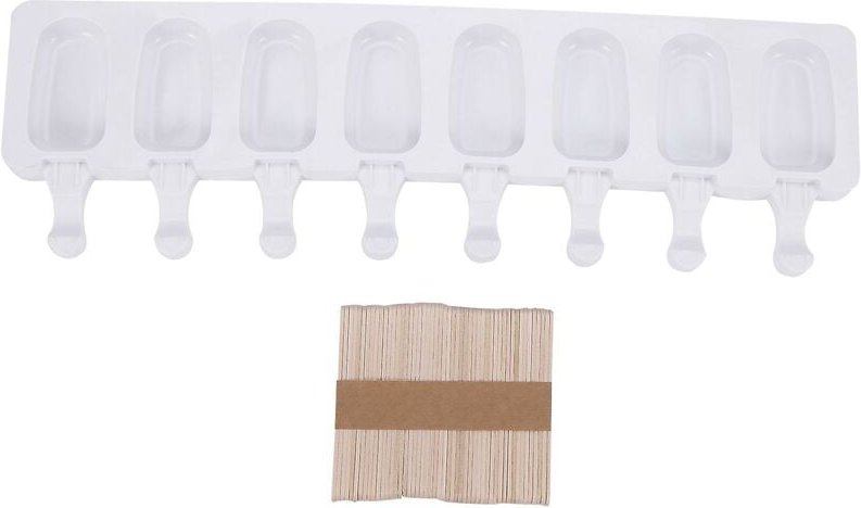 Woosien - 8 Hohlräume, weiße Silikon-Eiscreme-Form, wiederverwendbar, DIY-Eis am Stiel mit 50 Stück Holzstäbchen