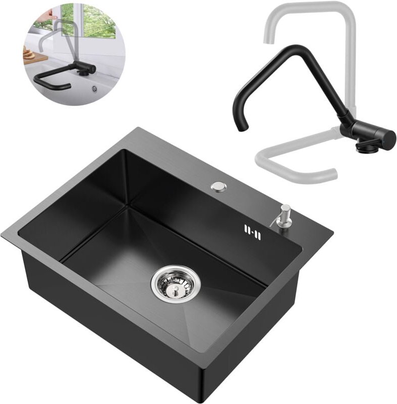 Thumbnail - Edelstahl Küchenspüle + Umklappbare Küchenarmatur Set, 55 × 45 cm Einbauspüle mit Seifenspender, Vorfenster Spültischarm...