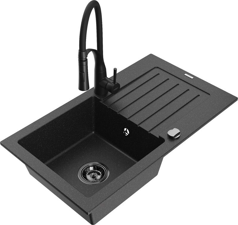 Pablo 1 Becken-Granitspüle mit Abtropffl√§che und Mischbatterie Aster, Schwarz/Silbermetallic - 6510-73-73450-70-B - Mex...