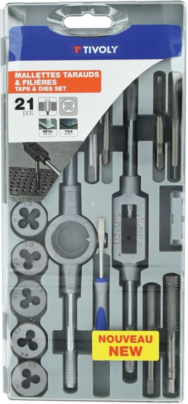 Tivoly - Schachtel mit 21 Teilen – 9 Gewindebohrer M3 bis M12 + 9 Schneideisen M3 bis M12 + 1 Schraubendreher + 1 Gewind...