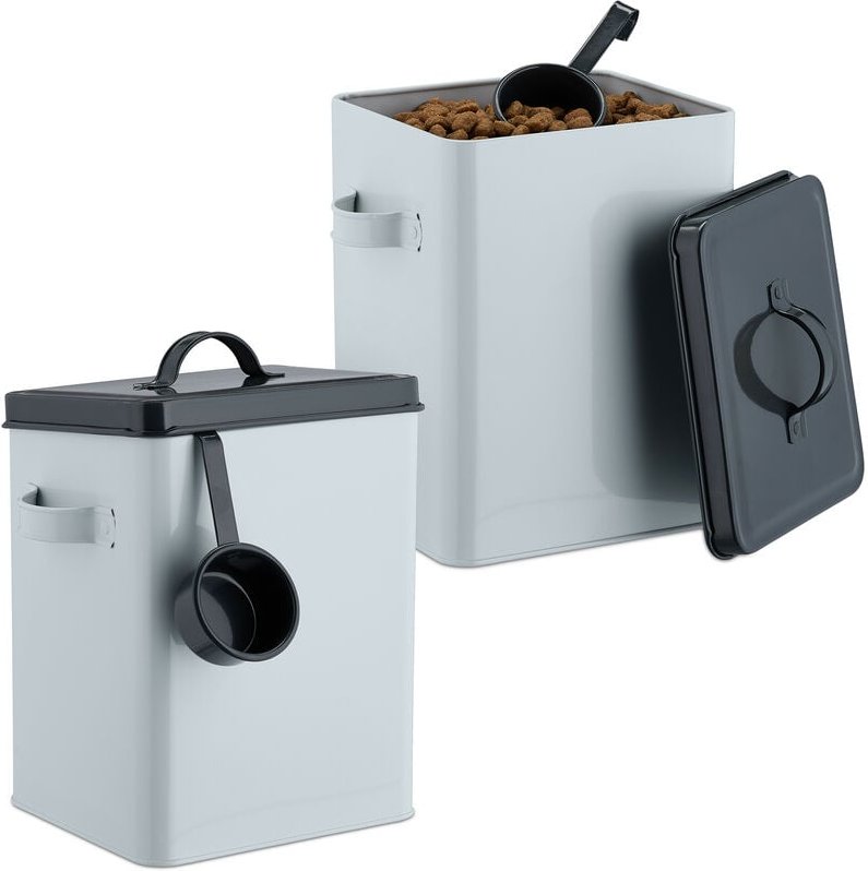 Relaxdays - Futterbox, 2er Set, je 5,5 l, mit Deckel & Löffel, Eisen, Aufbewahrungsbox Trockenfutter, weiß/anthrazit