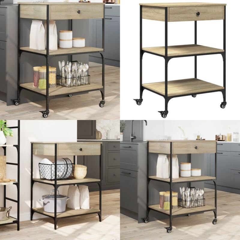 Thumbnail - Küchenwagen Sonoma-Eiche 60x48x89,5 cm Holzwerkstoff - Küchenwagen - Holzwerkstoffmöbel - Esstisch - Retro Stil - Vintag...