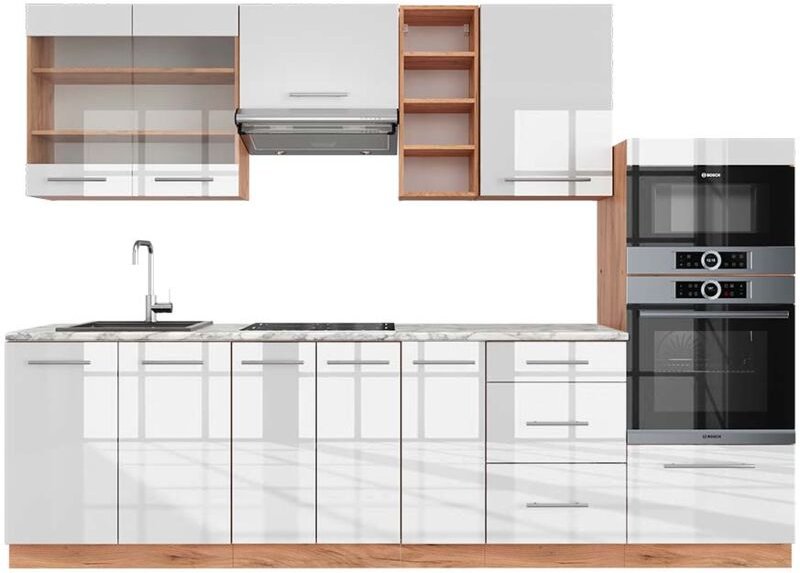 Thumbnail - Vicco - Küchenzeile Fame-Line, Weiß Hochglanz/Goldkraft Eiche, 280 cm , ap Marmor