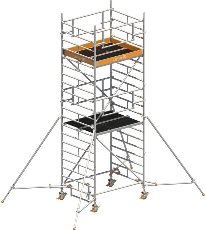 Layher Rollgerüst Uni Kompakt P2 Safety Plus mit Doppelgeländer und ausziehbaren Gerüststützen 6,20m AH