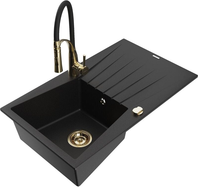 Cesar 1 Becken-Granitspüle mit Abtropffl√§che und Mischbatterie Aster, Schwarz - 6514-77-73450-57-G - Mexen