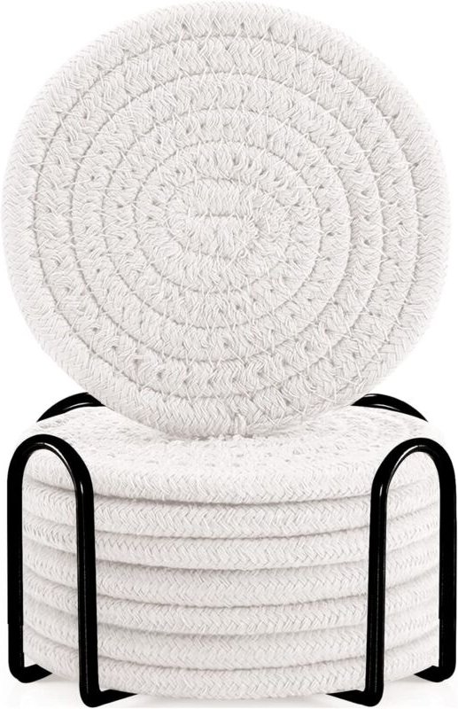 Rundes Untersetzer-Set aus weißer Baumwolle im Bohemian-Stil für den Esstisch, dickes Isolierpad, runde Teematte (mit Ha...