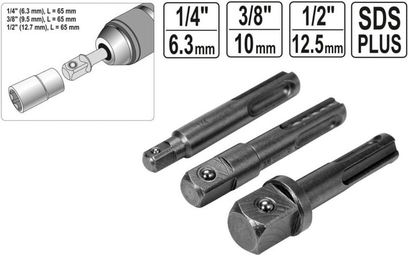 Yato - Sechskant Stecknuss Steckschlüssel-Adapter 3 Tlg Sds Plus-Schaft 1/2" 1/4" 3/8"