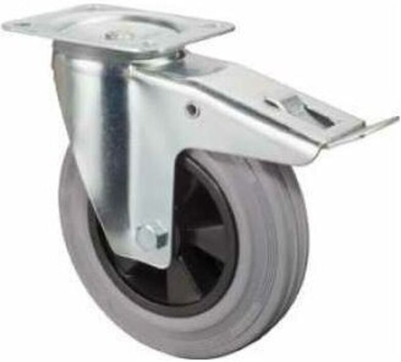 Bs Rollen - Transportrolle, Lenkrolle mit Totalfeststeller, Rad-Ø 80 mm, Tragf. 50 kg, Gummi grau, Bauhöhe 106 mm, Rolle...