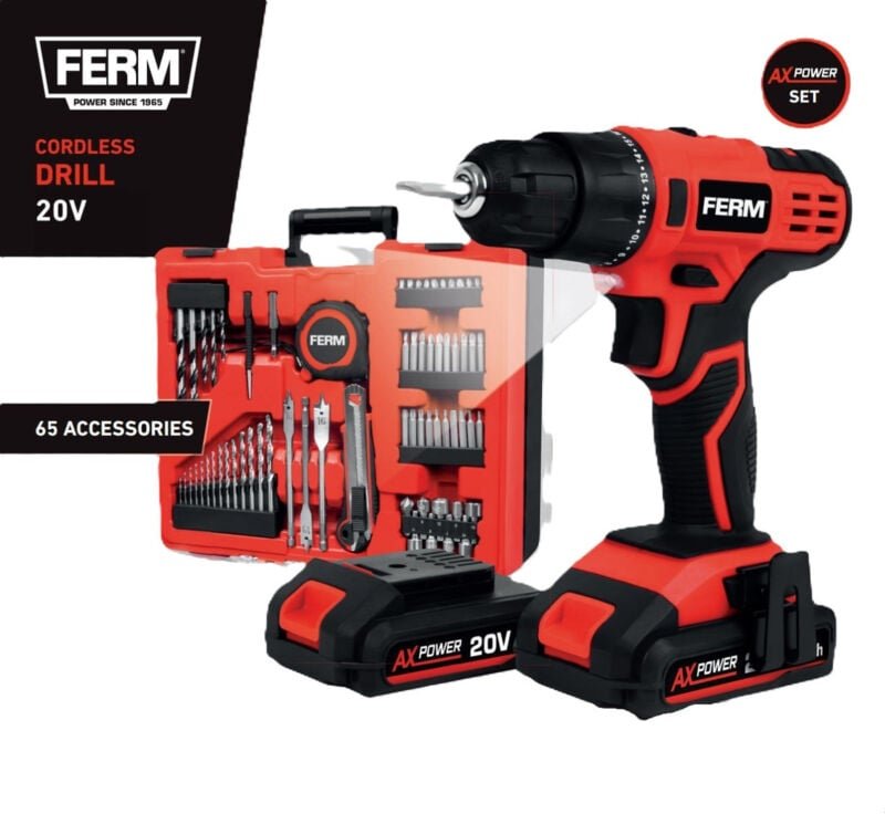 Thumbnail - FERM AX-Power CDM1159SET Akku-Bohrmaschine 65 Zubehörteile mit 2 Akkus und Ladegerät im Koffer