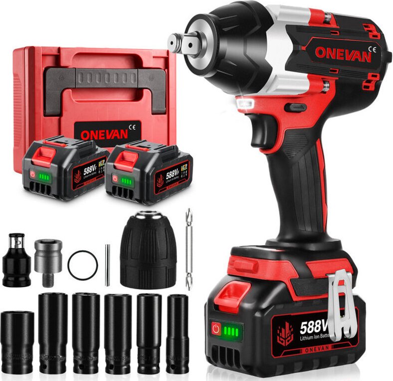 Onevan - Bürstenloser Akku Schlagschrauber 1800 Nm,1/2' Schlagschrauber,3-Gang-Einstellung für LKWs - mit 2 Akku + 12 Zu...