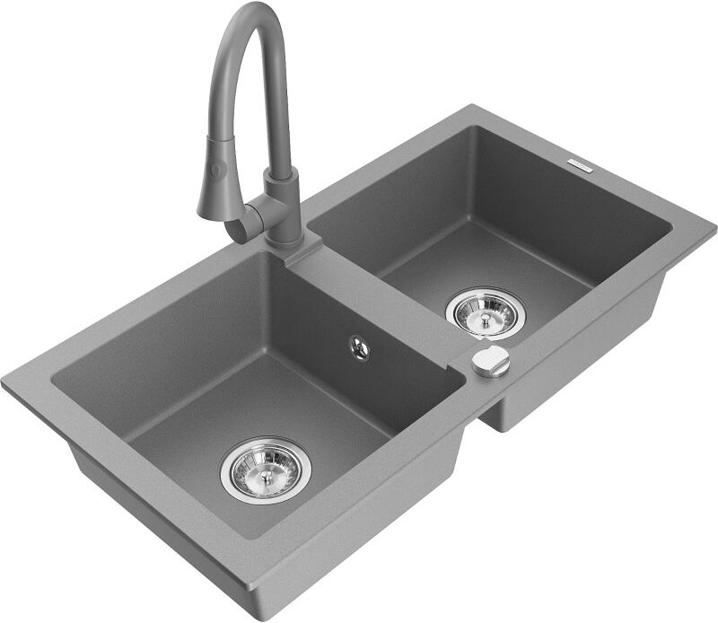 Mario 2-Becken-Granitspüle mit Mischbatterie Elia, Grau - 6504-71-670101-71 - Mexen