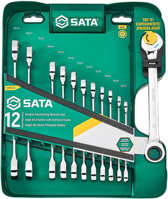 SATA ST09066-02 Set de Schraubenschlüssel de Metrische Doppelknarre de 12-teilig, poliert, 8 mm a 19 mm, mit Gitter de A...