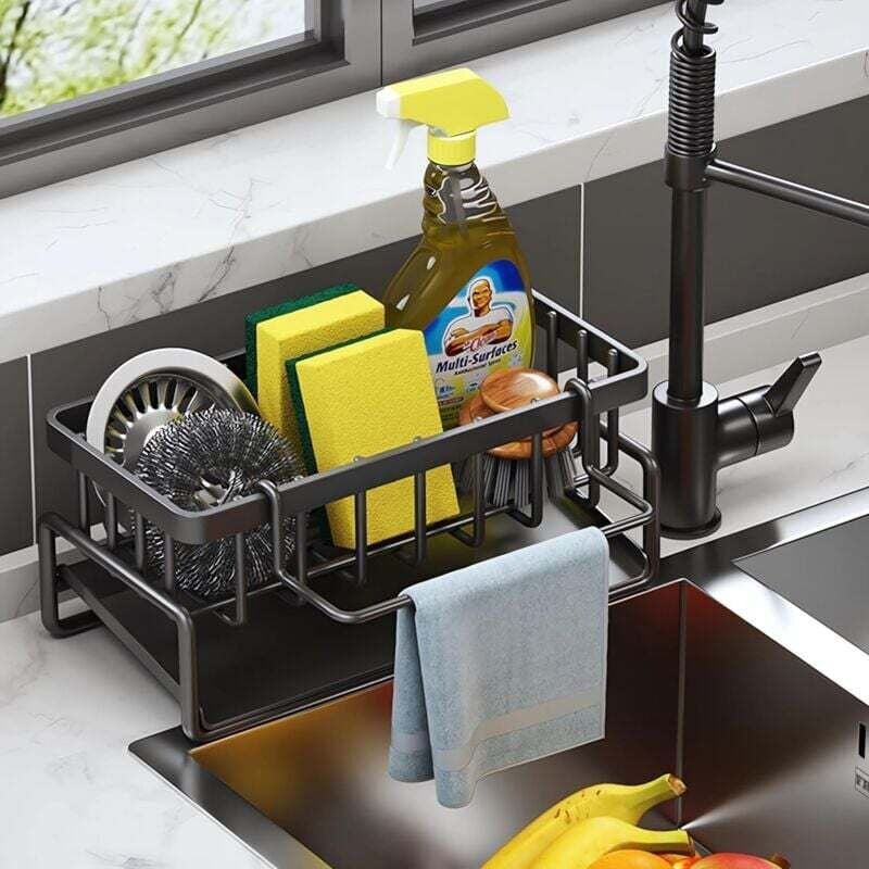 Contenitori e organizzazione per la cucina, organizer per lavello in acciaio inox con porta spugna autosvuotante, portas...