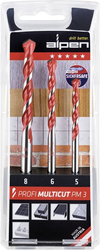 Thumbnail - Alpen - MultiCut 100703100 Hartmetall Mehrzweckbohrer-Set 3teilig 5 mm, 6 mm, 8 mm Zylinderschaft 1 s