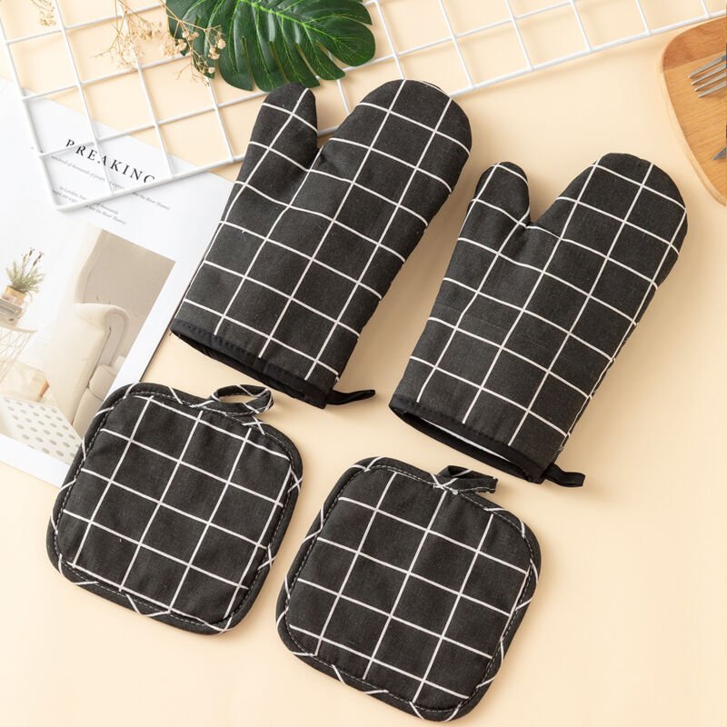 Sollbry - Ofenhandschuhe, 1 Paar Baumwoll-Ofenhandschuhe mit 2 Topflappen, waschbare Ofenhandschuhe, rutschfeste Küchenh...