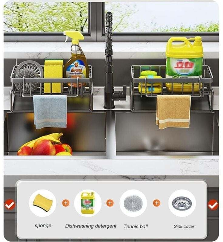 Contenitore e organizzazione per la cucina, organizer per lavello con vassoio di scarico automatico per porta spugne, po...
