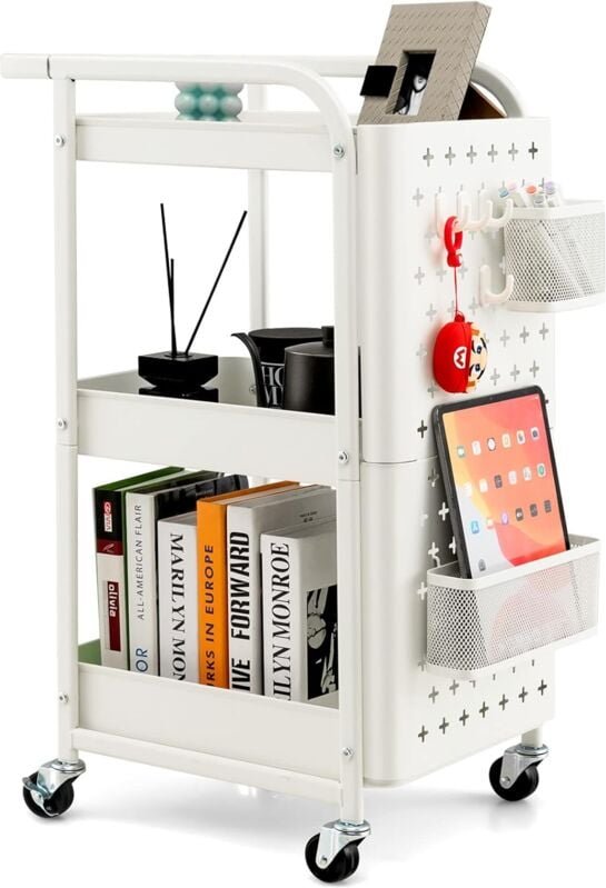 GOPLUS 3-stöckiger Rollwagen, Werkzeugwagen mit 2 Steckplatten, 2 Körben 4 abnehmbaren Haken, mobiler Allzweckwagen aus ...