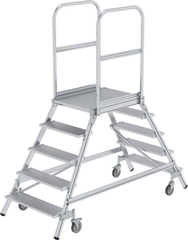 Thumbnail - Günzburger Steigtechnik - Podesttreppe beidseitig begehbar mit Federrolle Aluminium geriffelt 2x5 Stufen - 050205