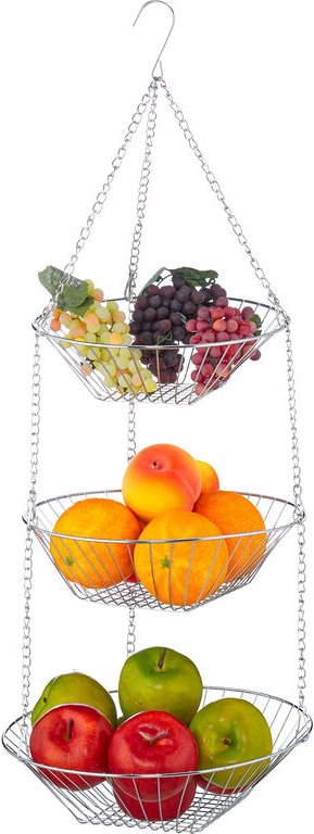 Thumbnail - Hängekorb 3 Etagen, hängende Obstkörbe, 3er Etagere für die Decke, Obst, platzsparend in Küche, Stahl, silber - Relaxday...
