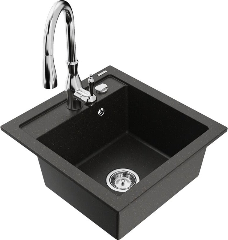 Vito 1-Becken-Granit-Spüle mit Mischbatterie Savita, Schwarz/Gold metallisch - 6503-75-672601- - Mexen