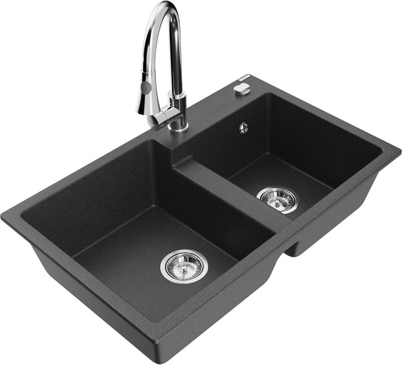 Tomas 2-Becken-Granitspüle mit Mischbatterie Elia, Schwarz gesprenkelt - 6516-76-670101-00 - Mexen