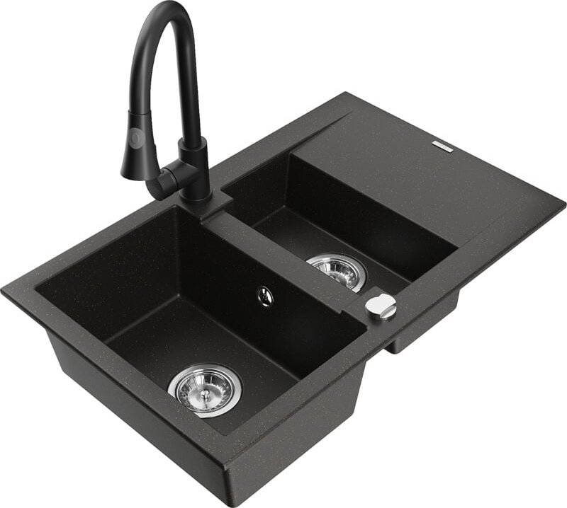 Gaspar 1,5-Becken-Granitspüle mit Abtropffläche und Mischbatterie Elia, Schwarz/Gold metallisc - Mexen