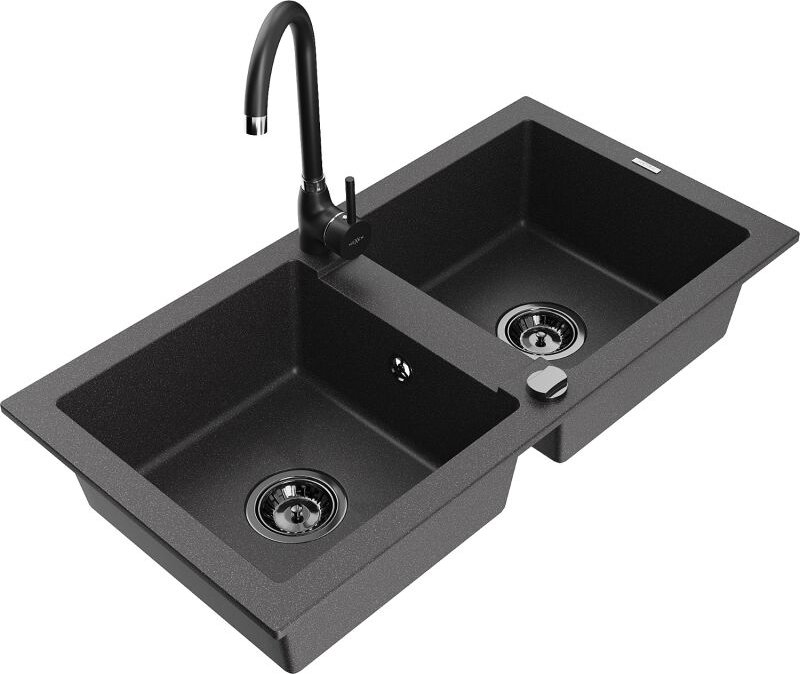 Mario 2-Becken-Granitspüle mit Mischbatterie Telma, Schwarz gesprenkelt - 6504-76-670200-70-B - Mexen