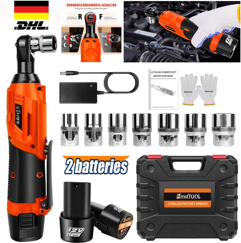 Dayplus - 3/8' Akku-Ratsche Ratschenschlüssel Elektrische Knarrenschlüssel Set 2x Akku 12V